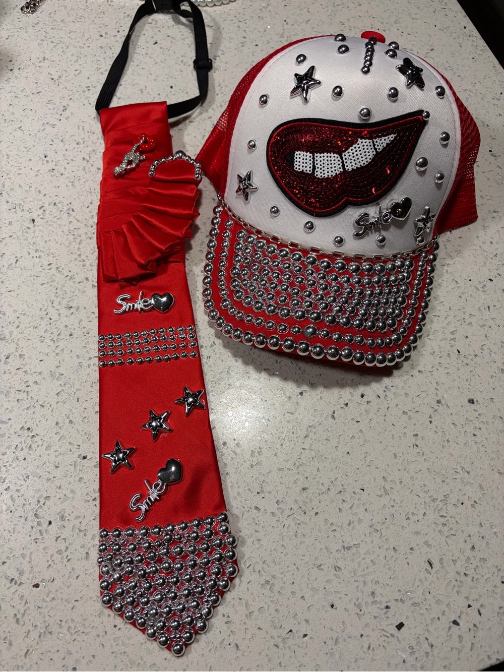 Smile Embellished Red & White Truckers Cap with Matching Tie